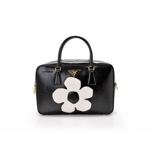 Prada Handbag Black Saffiano Vernis Flowers